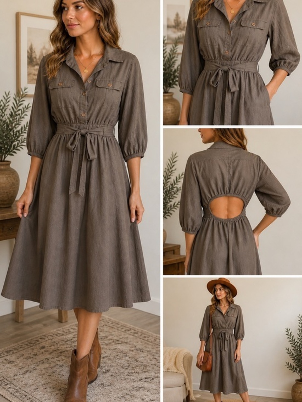 Mulla Brown charcoal Shirt Dress Cutout Back Midi Large linen mix boutique